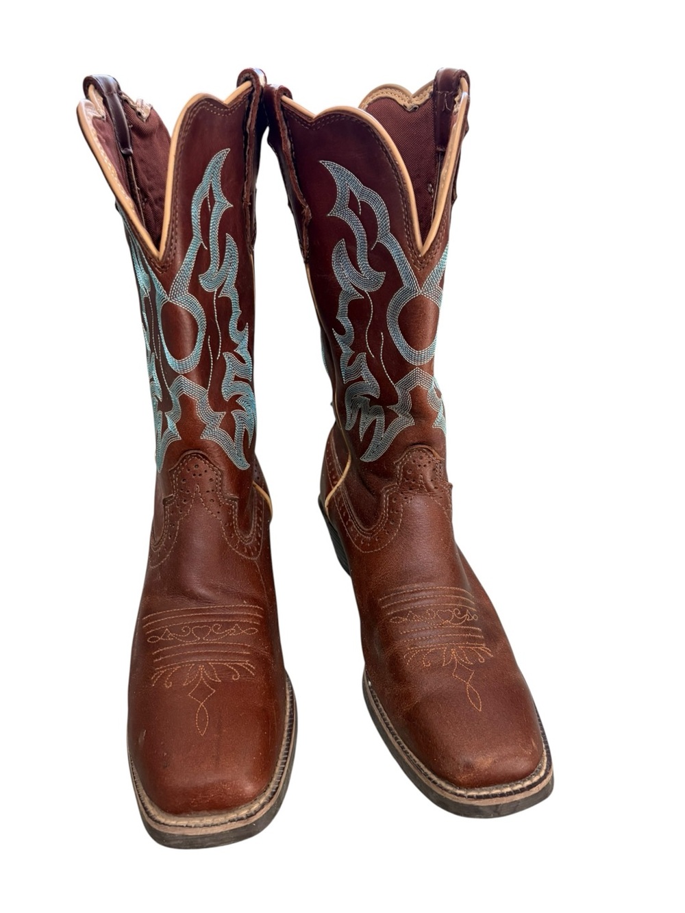 Justin Boots Brown Leather Turquoise Blue Stitching Stampede Square Toe 9.5 EUC